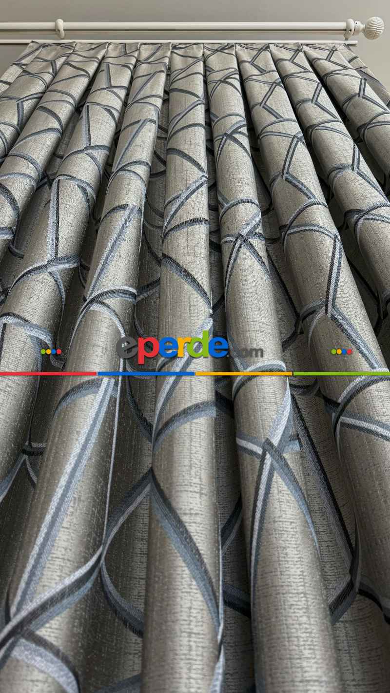 Gri Petrol Mavi Geometrik Desen Jakar Dokuma Fon Perde - Premium Seri Ağır Gramajlı