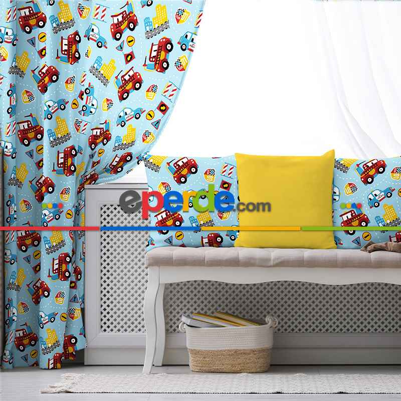 Araba Desenli Fon Perde Evim492 Kumaşı Kalındır Duck Bezi Değildir- Mavi-beyaz