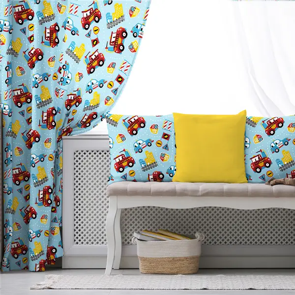 Erkek Çocuk ve Bebek Odası Fon Perde - Arabalar Desenli - Mavi Kırmızı