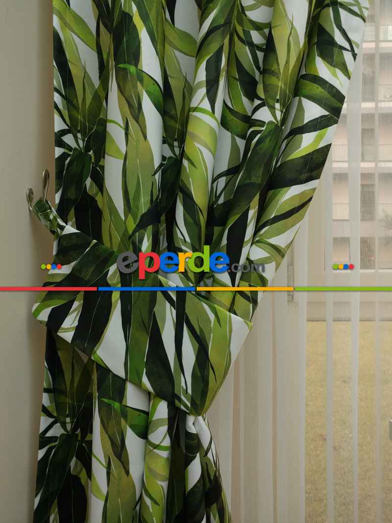 Mutfak Perdesi Kanat Fon Perde Yaprak Desenli- Yeşil