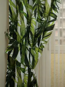 Tropikal Yapraklı Dekoratif Fon Perde Kumaşı- Kumaşı Kalındır- Yeşil-Beyaz