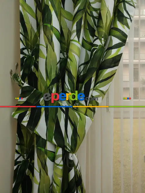 Tropikal Yapraklı Dekoratif Fon Perde Kumaşı- Kumaşı Kalındır- Yeşil-Beyaz