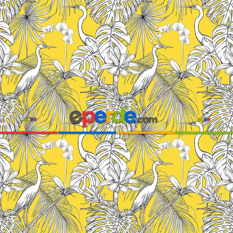 Leylek Ve Tropikal Desenli Fon Perde Evm706 Kumaşı Kalındır Duck Bezi Değildir- Sarı-Beyaz