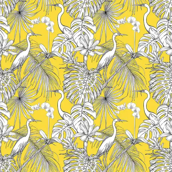 Leylek Ve Tropikal Desenli Fon Perde Evm706 Kumaşı Kalındır Duck Bezi Değildir- Sarı-Beyaz