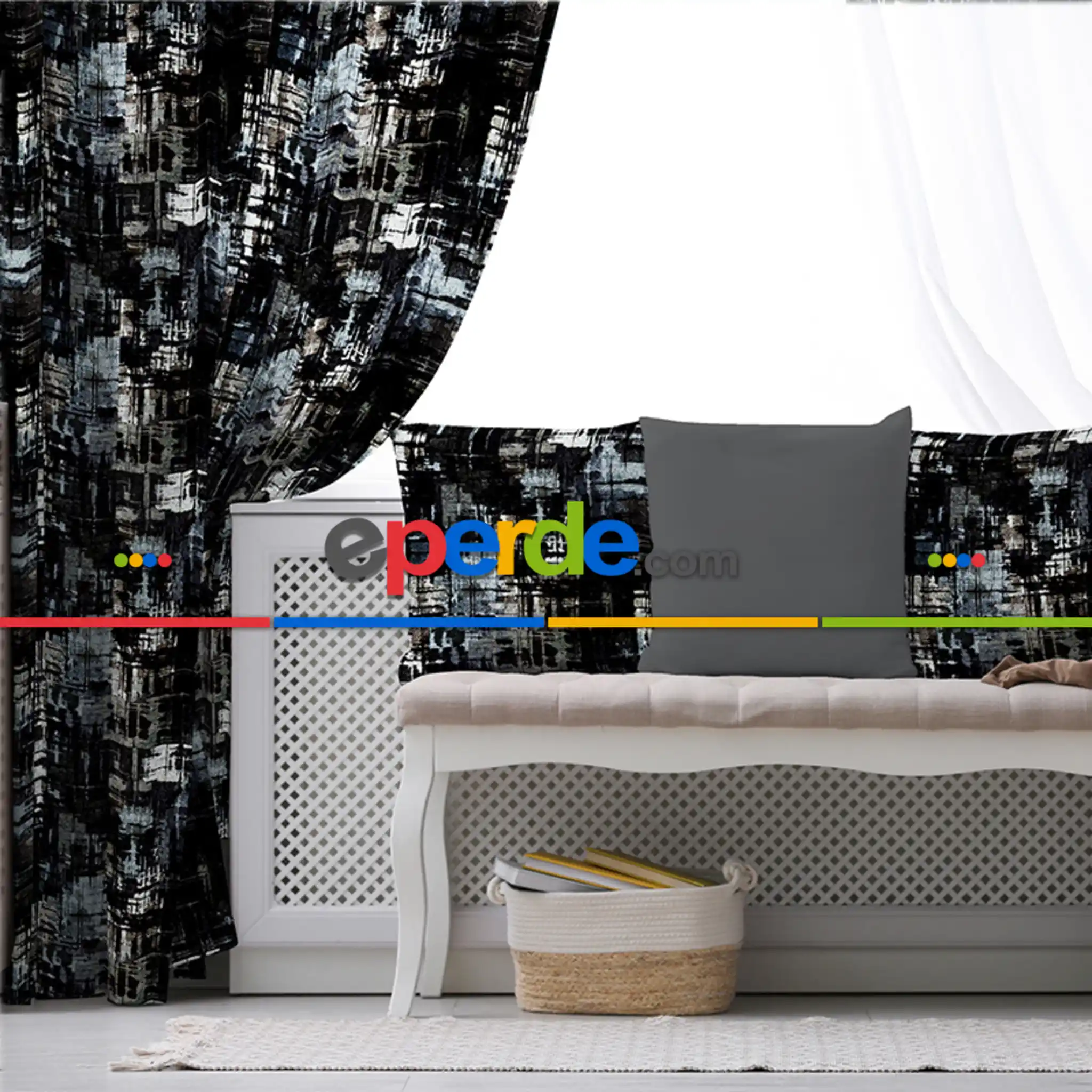 Oturma Odası Fon Perde Evim1504 Kumaşı Kalındır Duck Bezi Değildir- Mavi-beyaz