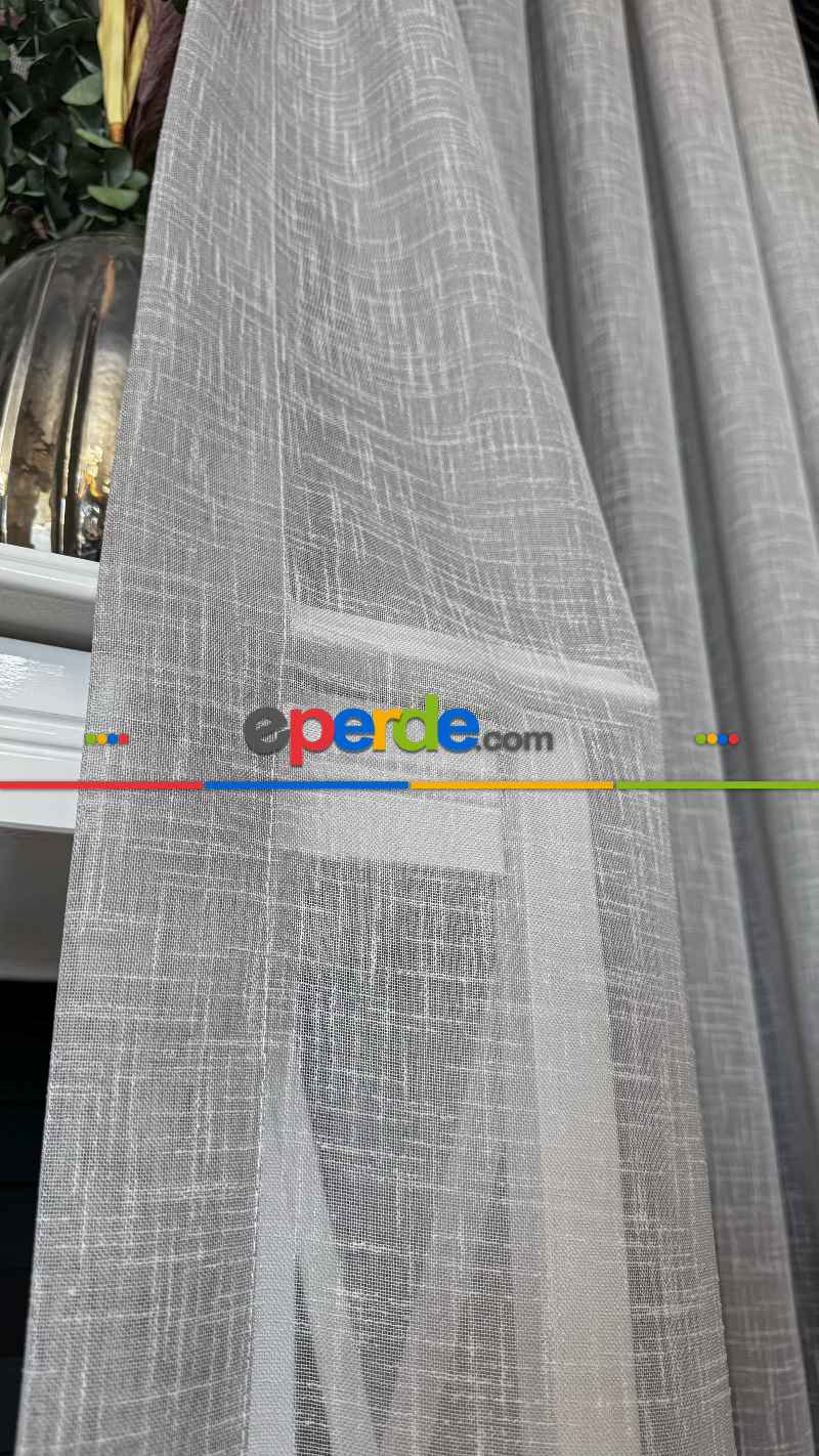 Açık Gri Keten Düz Tül Perde - Premium Serisidir, Eteği Kurşunlu Tül