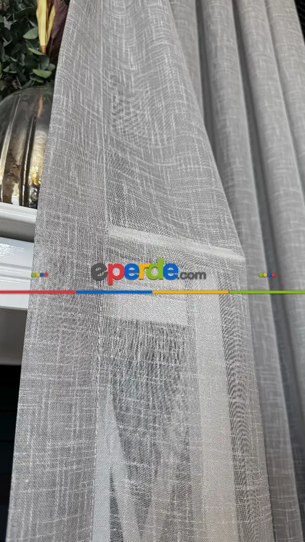 Salon Açık Gri Naturel Keten Düz Tül Perde - Premium Serisidir, Eteği Kurşunlu Tül