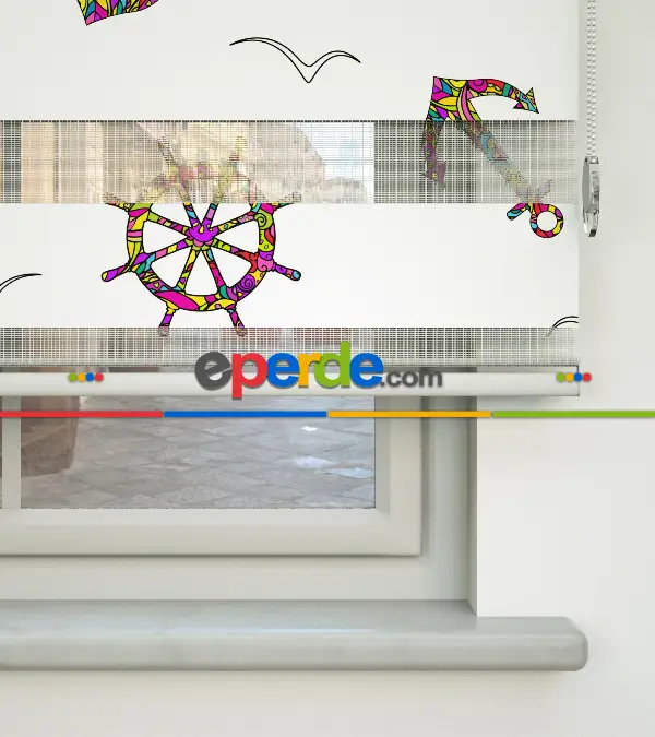 Bebek Odası Zebra Perde - Çapa Ve Dümen Desen Baskılı Zebra Perde- Çok Renkli