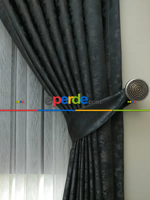 Antrasit Füme Renk Jakar Desenli Fon Perde- Antrasit