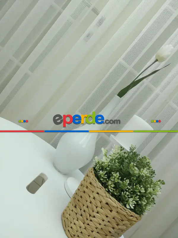 Oturma Odası - Ekru Sık Dokulu Çizgili Modern Düz Tül Perde Ütü İstemez