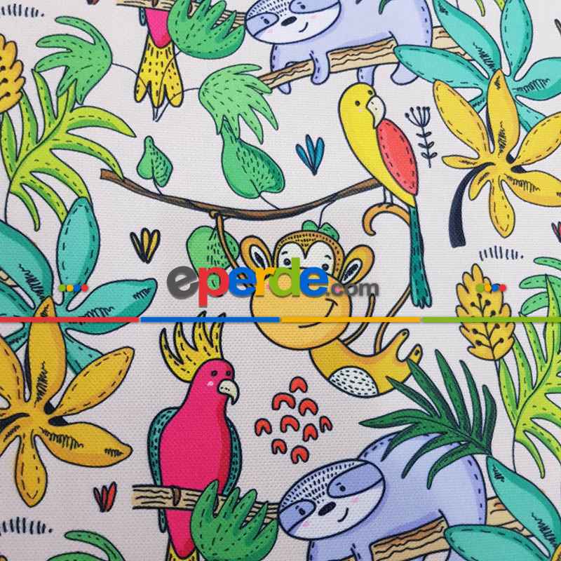 Tropikal Orman Desenli Fon Perde Evm688 Kumaşı Kalındır Duck Bezi Değildir- Yeşil-Beyaz