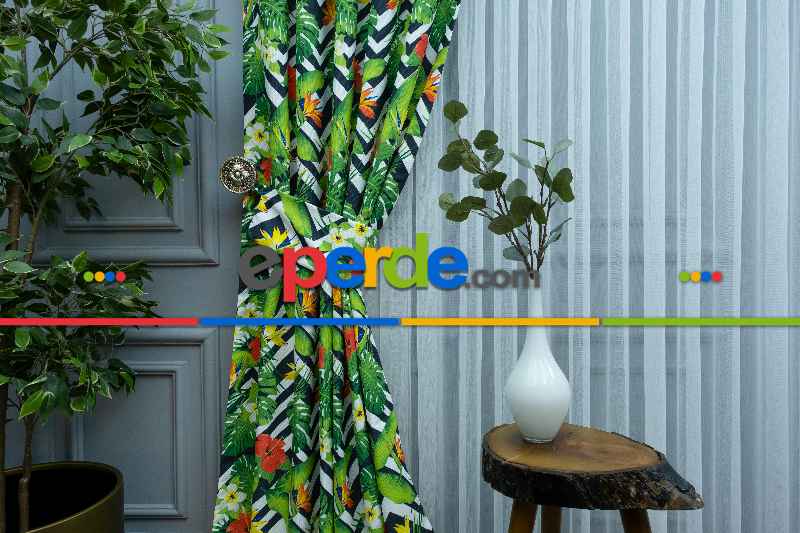 Çiçek Desenli Fon Perde Kumaşı Kalındır Duck Bezi Değildir- Yeşil-Kırmızı-Beyaz