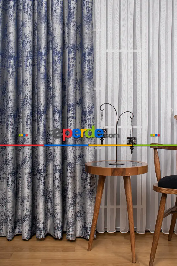 Jakar Dokuma Fon Perde - Mavi - Gri