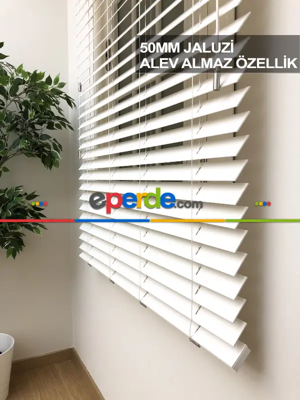 50mm Krem Ahşap Efektli Jaluzi Perde Alev Almaz Özellik- Krem