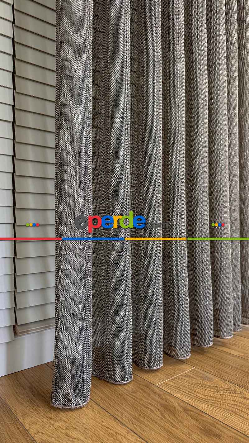 Kahverengi Keten Gümüş Simli Tül Perde - Ağır Gramajlı Premium