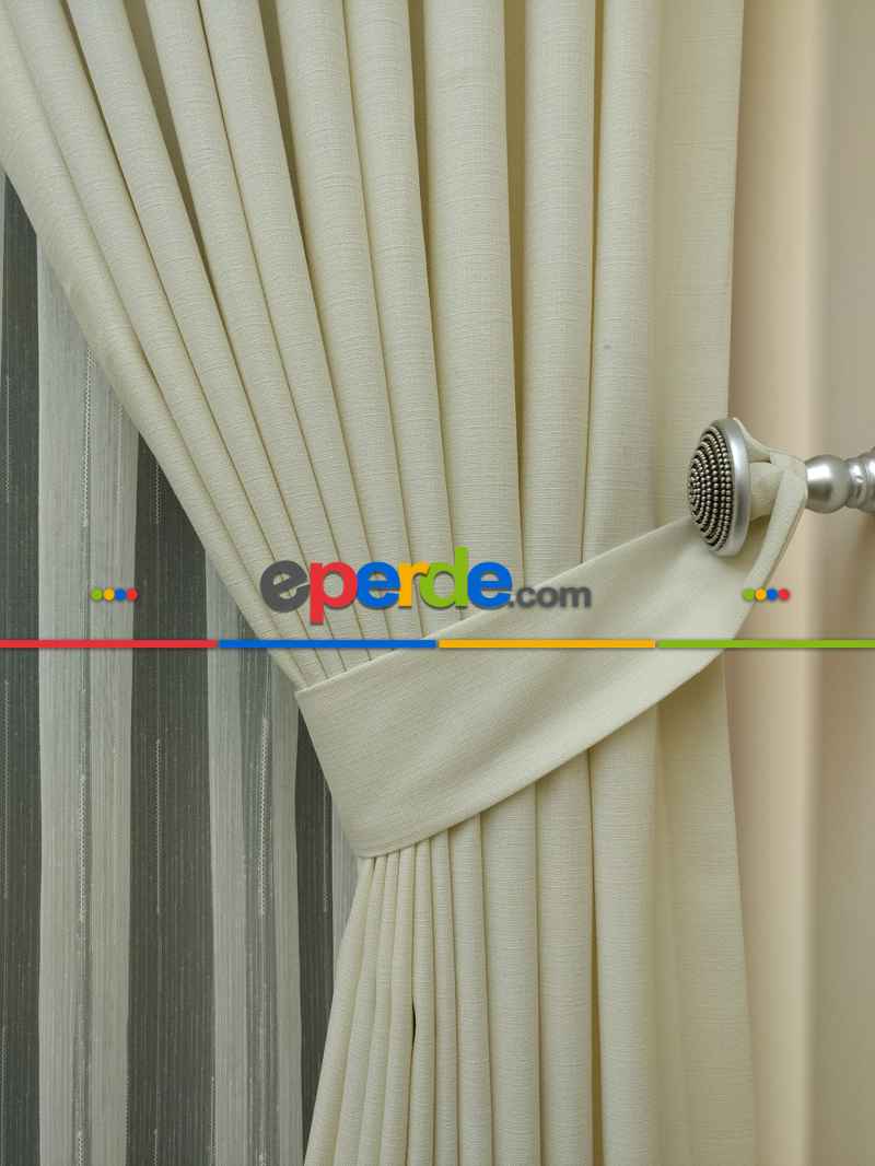 Keten Bej Renk Düz Fon Perde- Bej