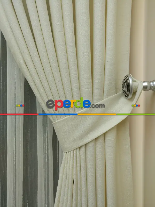 Yatak Odası - Keten Bej Renk Düz Fon Perde- Bej