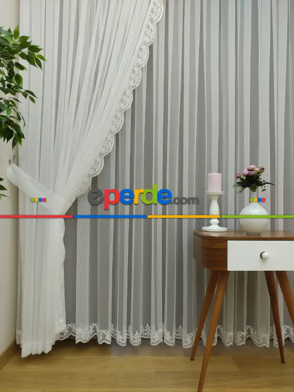 Fansız Dantel Fon Perde Etek Ucu Nakış (güpür ) İşlemeli - 8 (kombin İçin Açıklamayı Okuyunuz)- Ekru