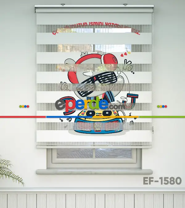 Dinazor Desenli Özel Baskılı Zebra Perde- Çok Renkli