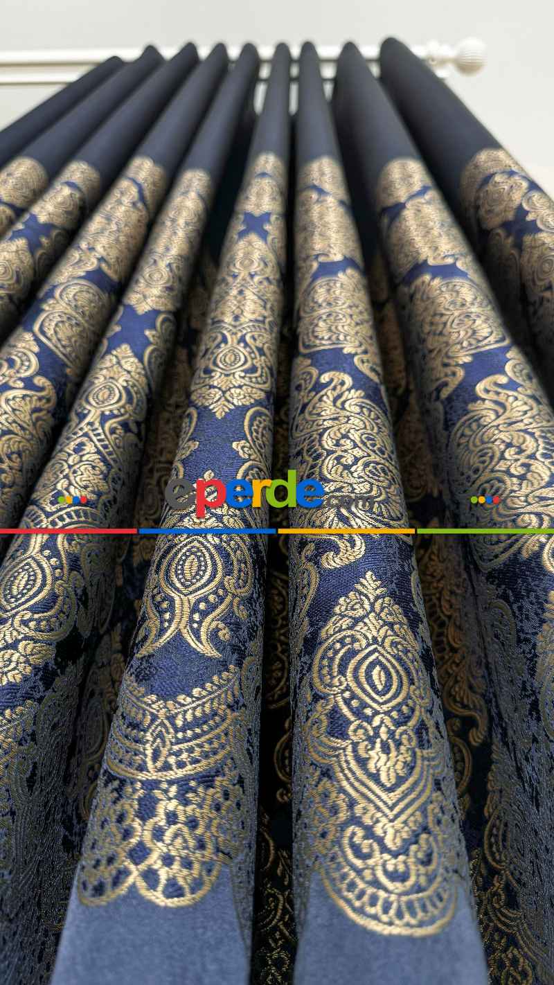 Lacivert Altın Fon Perde, Pano Damask Desenli