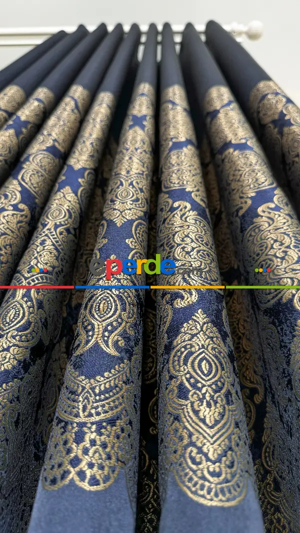 Lacivert Altın Fon Perde, Pano Damask Desenli