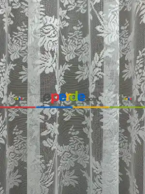 Çiçek Desenli Fransız Dantel Tül Perde ( Hazır Ölçü 1/2.5 Normal Pile )- Ekru 200cm X 195cm 