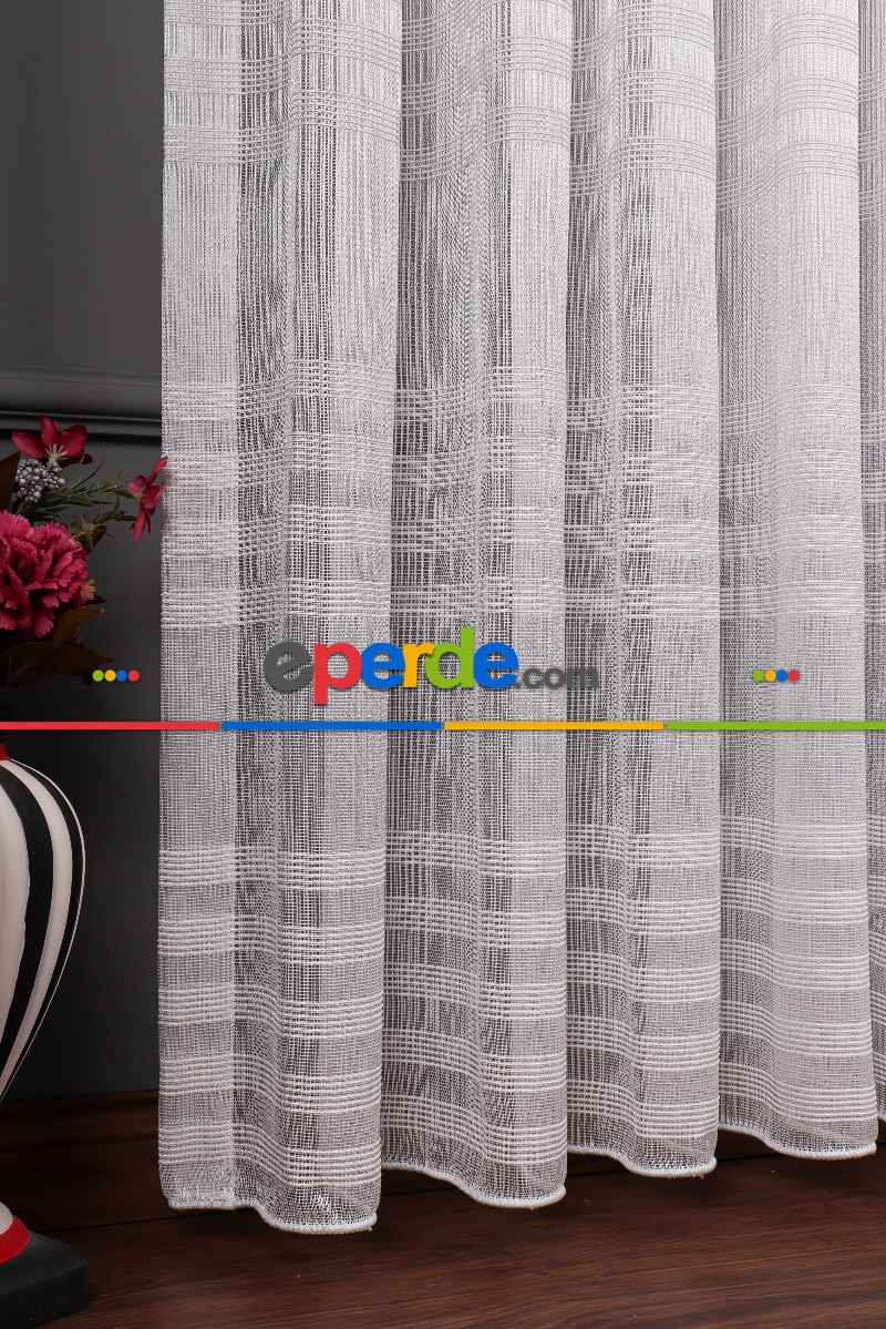 Bantlı 4 Sıra Keten Tül Perde Grz 2179 Ekru Renk