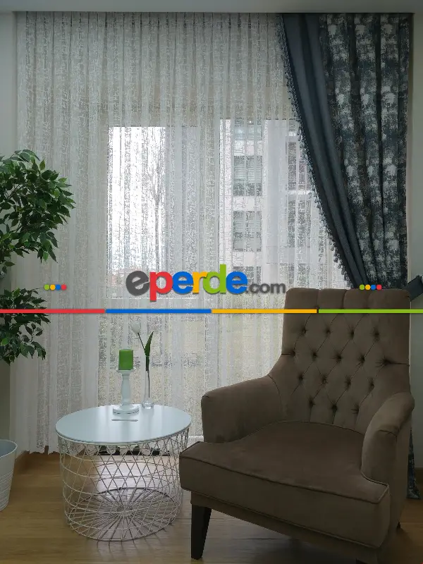 Salon Yatak Odası Fransız Dantel 2021 Tül Perde- Ekru Patine Desenli