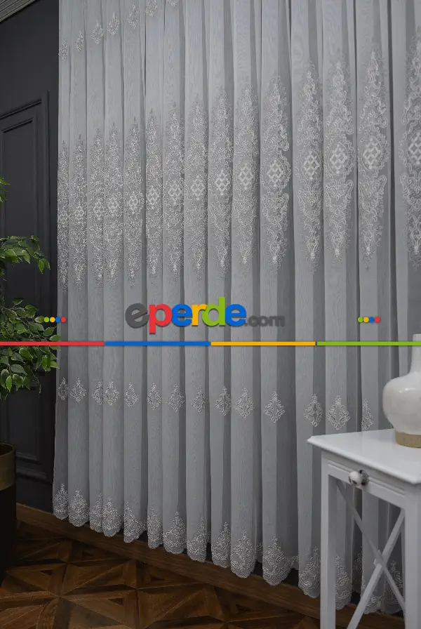 Oturma Odası - Alangart Nakışlı Tül Perde - Ekru - Gri