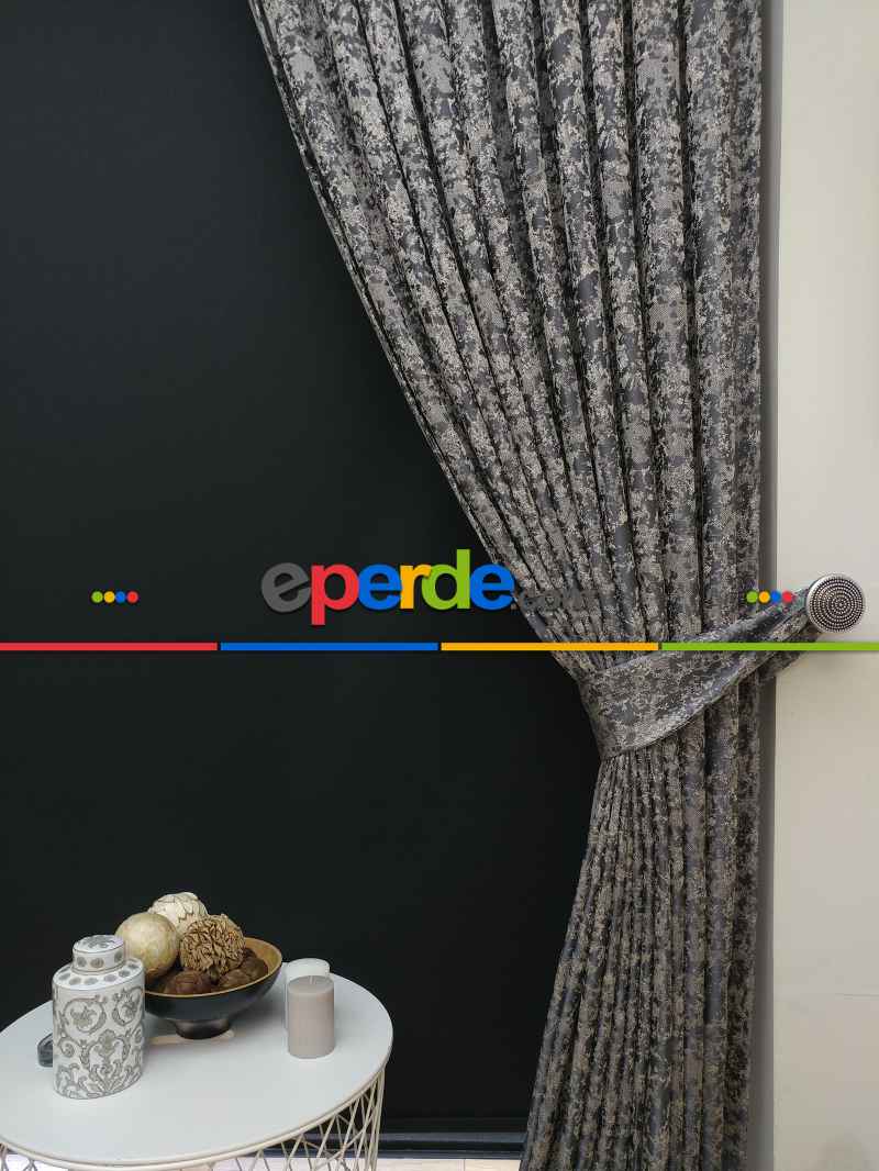 Patine Desenli Krem Antresit Desenli Jakar Fon Perde (180cm En)- Antrasit