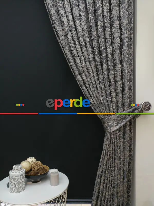 Patine Desenli Krem Antresit Desenli Jakar Fon Perde (180cm En)- Antrasit