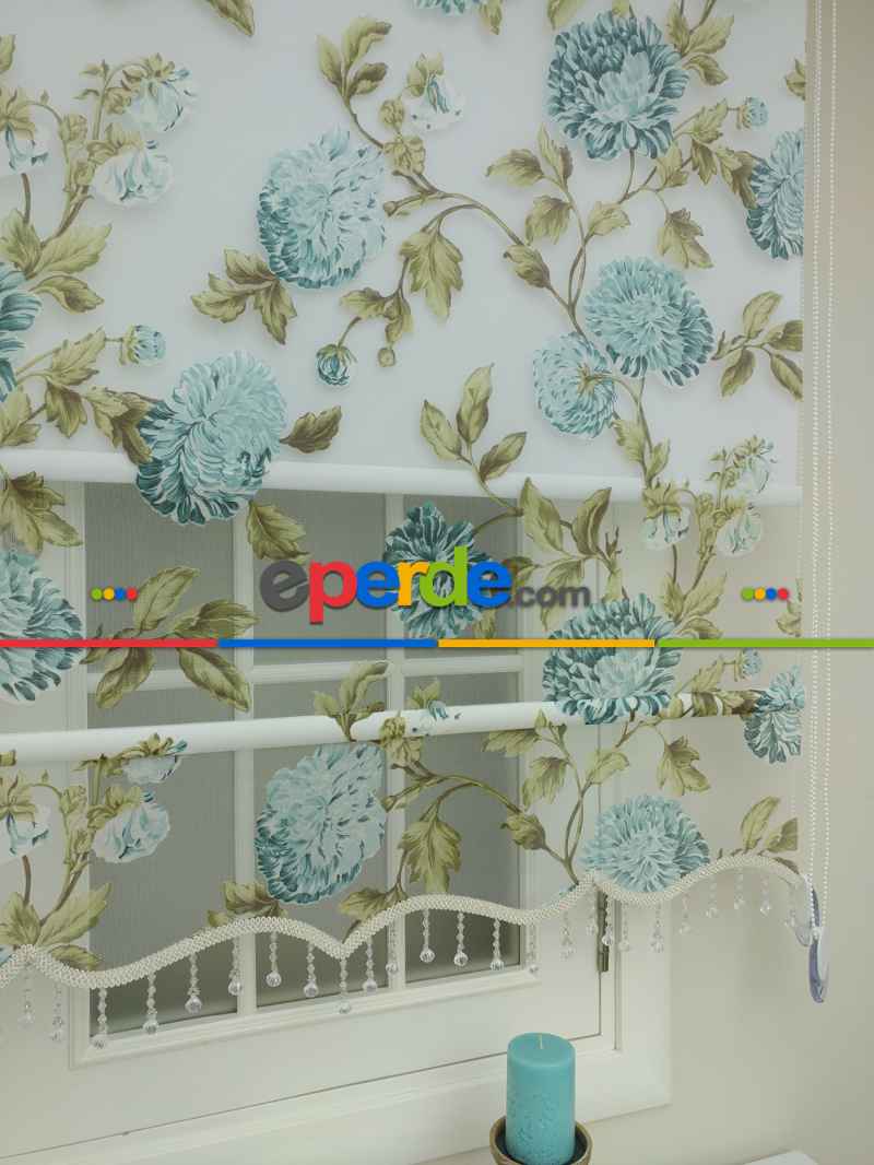 Yatak Odası - Tül Stor Çiftli Sistem Yakma Desen Mavi Gül- Mavi-yeşil Koyu Yeşil- Çok Renkli 2