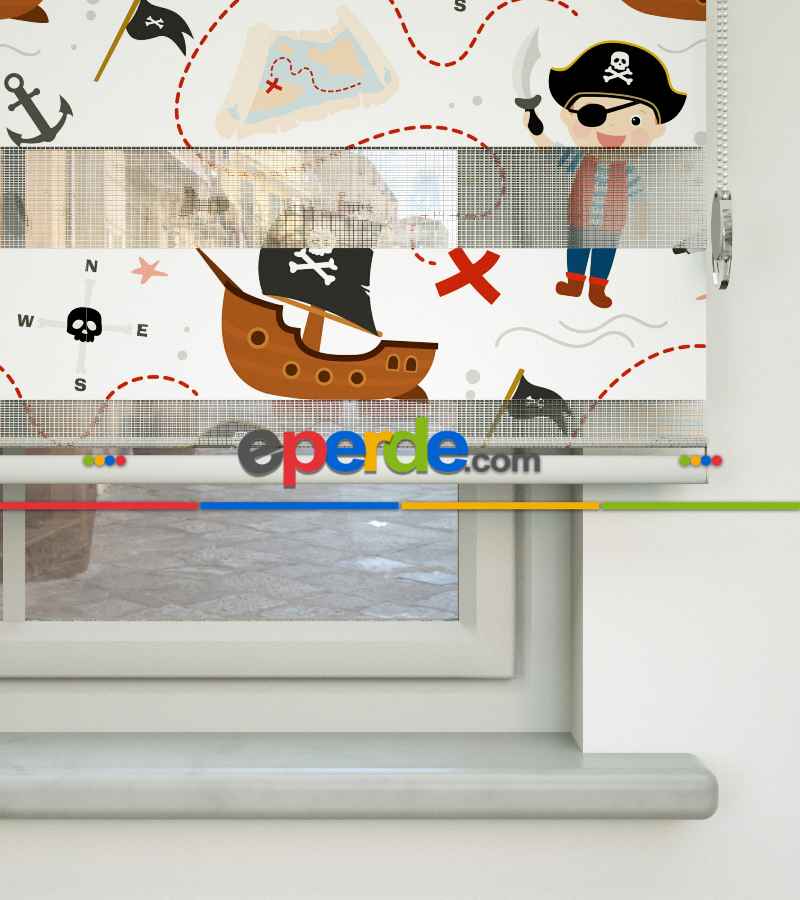 Bebek Odası Zebra Perde - Korsan Desen Baskılı Zebra Perde- Çok Renkli