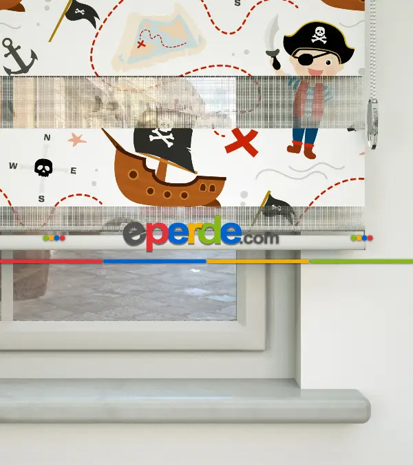 Bebek Odası Zebra Perde - Korsan Desen Baskılı Zebra Perde- Çok Renkli