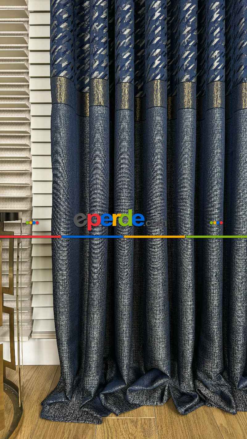 Lacivert Mavi Altın Fon Perde, Kazayağı Desenli Jakar Dokumadır. Pano Fon