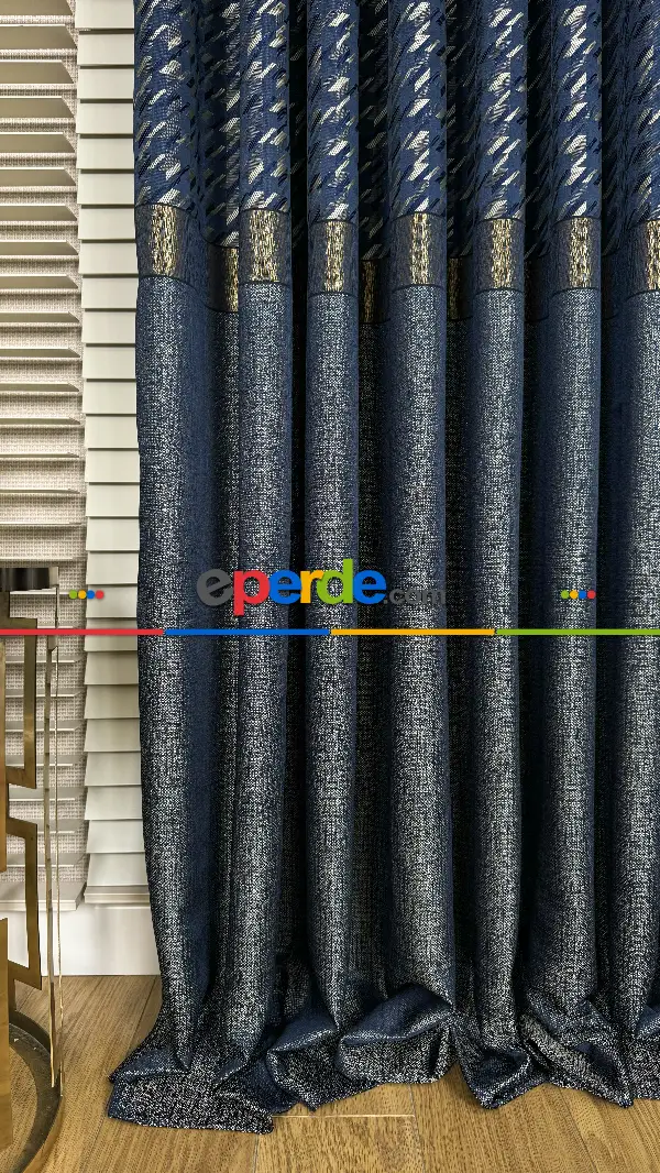 Lacivert Mavi Altın Fon Perde, Kazayağı Desenli Jakar Dokumadır. Pano Fon