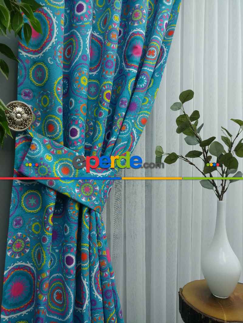 Osmanlı Mutfak Perdesi Kanat Fon Perde Desenli- Mavi