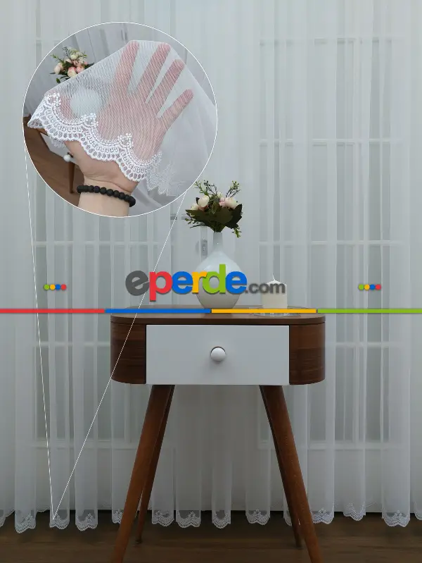 Ekru Fransız Etek Ucu Güpür İşlemeli Salon Perdesi 2025 Trend Model- Ekru Renk