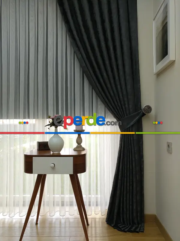 Antrasit Füme Renk Jakar Desenli Fon Perde- Antrasit