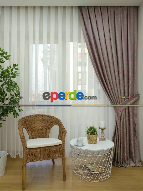 Bej Fuşya Desenli Jakar Fon Perde (285 En)- Fuşya