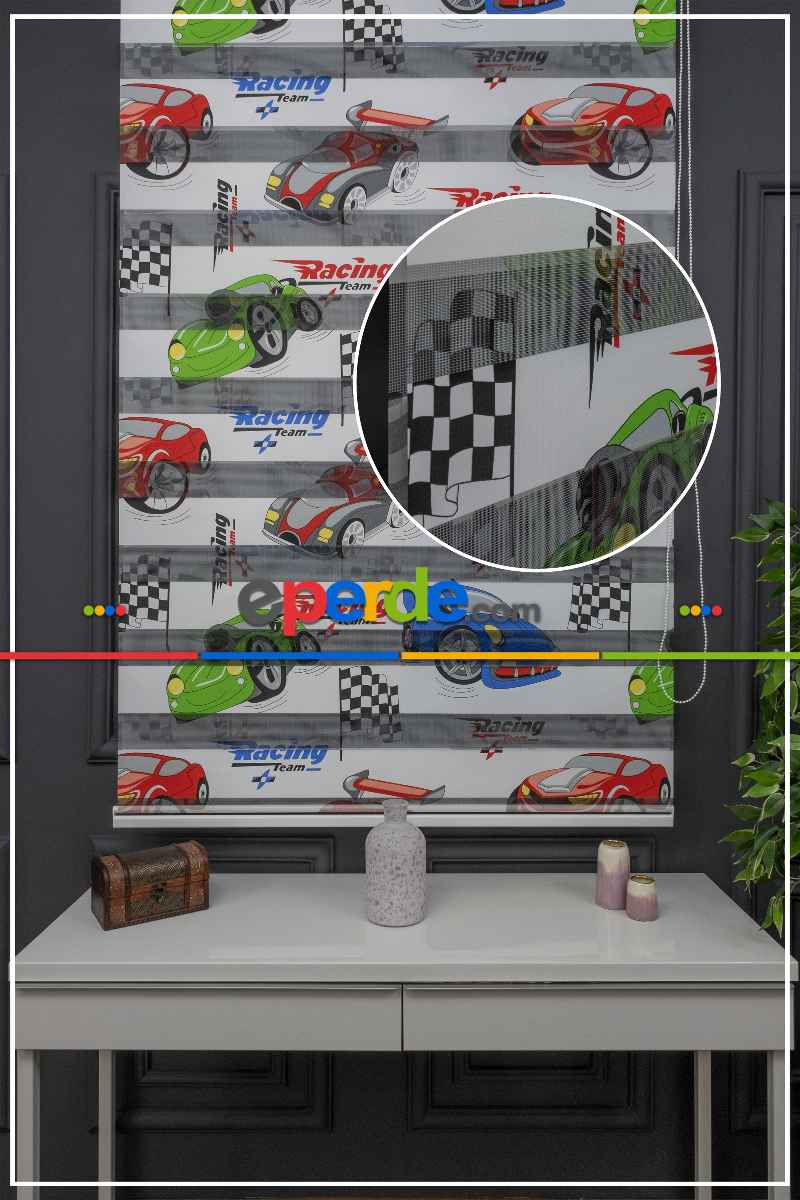 Erkek Çocuk Odası zebra Perde - Dijital Araba Baskılı Zebra Perde - Arabalar Desenli