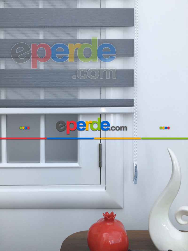 New Gri Düz Bambu Kalın Dokulu Zebra Perde- Füme