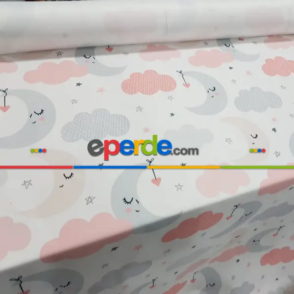 Bebek Odası Fon - Bulutlu Gece Desenli Fon Perde Evm603 Kumaşı Kalındır Duck Bezi Değildir- Gri-Füme-Antrasit-Pembe