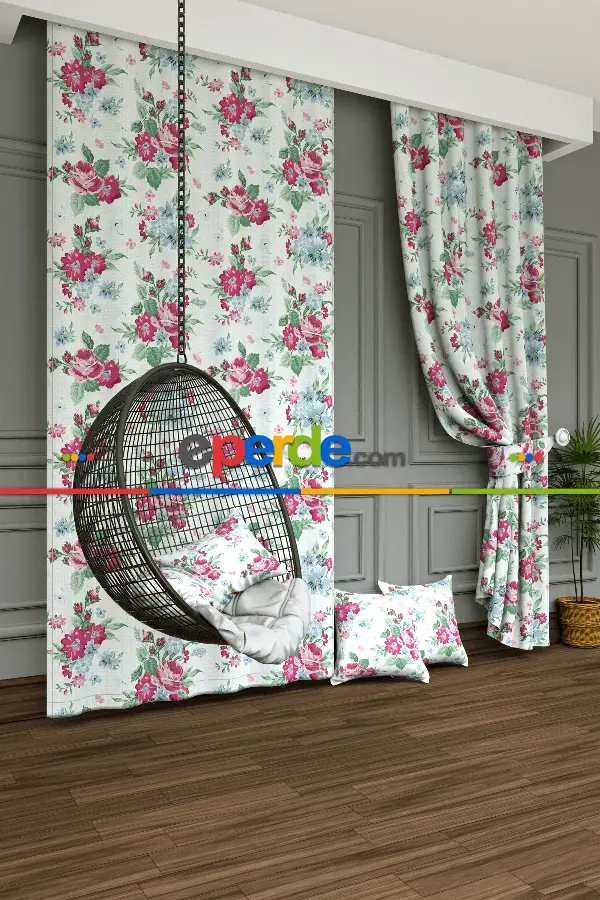 Rengarenk Çiçek Baskılı Fon Perde