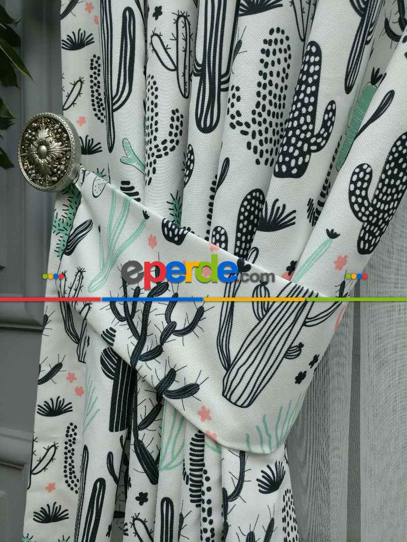 Kaktüs Desenli Fon Perde Evm694 Kumaşı Kalındır Duck Bezi Değildir- Siyah-Beyaz
