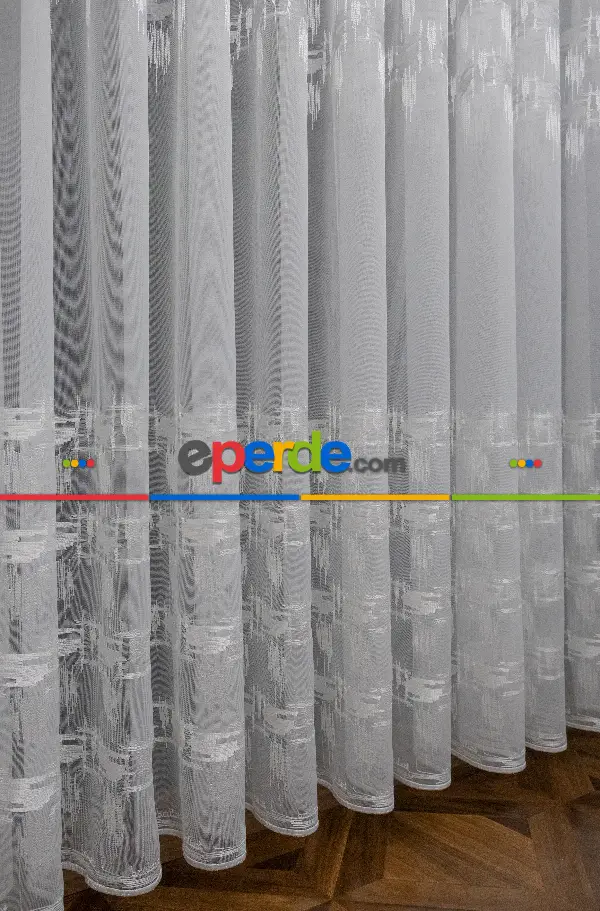 Brillant Tül Perde - Hafif Keten Tül - Etek Ucu Ve Bantı İşlemeli - Spor Modern Desenli Tül Perde - Ütü İstemez Kırışmaz Tül