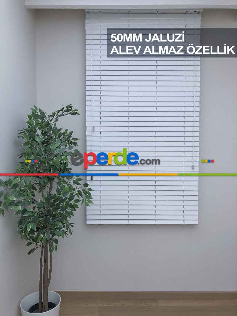50mm Beyaz Ahşap Efektli Jaluzi Perde Alev Almaz Özellik- Beyaz