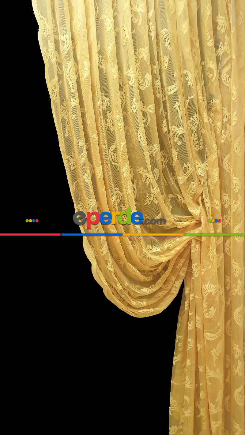 Tül Fon Hardal Koyu Sarı Renk Model Büzgülü Tasarım Fon Perde- Hardal 70cm X 270cm 