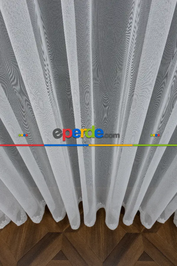 Grek Zemin Üzerine Eteği Kabartma Nakış İşlemeli Tül Perde Ekru