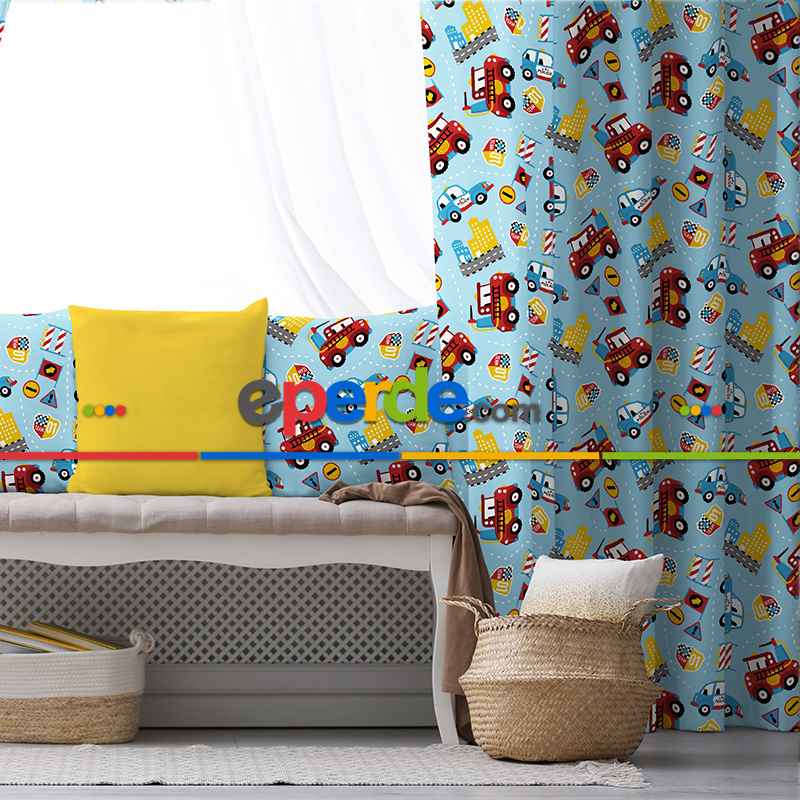 Araba Desenli Fon Perde Evim492 Kumaşı Kalındır Duck Bezi Değildir- Mavi-beyaz